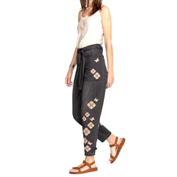 Johnny Was Women Sz Small Embroidered Floral Cotton Jade Black Pants Tie Waist - Picture 1 of 12